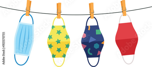 Colorful reusable face masks hanging on clothesline symbolizing hygiene protection fashion variety and pandemic safety isolated flat vector illustration modern design concept