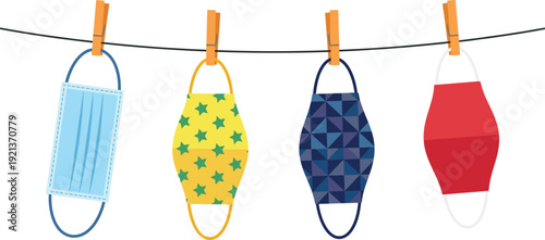 Colorful reusable face masks hanging on clothesline with clothespins pandemic protection hygiene concept isolated flat vector illustration set medical safety healthcare design