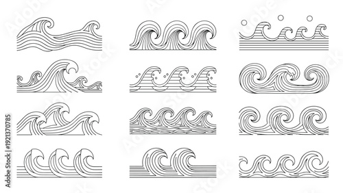 Collection of twelve different stylized ocean wave patterns in various heights and shapes shown as black line art icons.