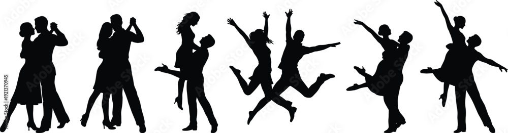 Fototapeta premium Dancing couples silhouettes set romantic men and women jumping celebrating love joy movement isolated on white background vector illustration collection festive concept