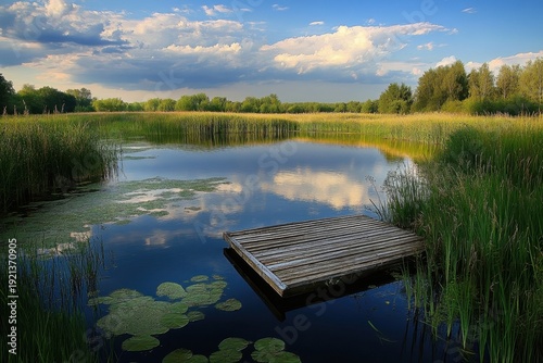 Tranquil wooden platform on a serene pond surrounded by lush greenery and reflecting clouds