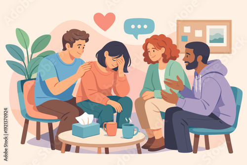 Friends comforting sad woman during emotional support conversation at home, mental health illustration
