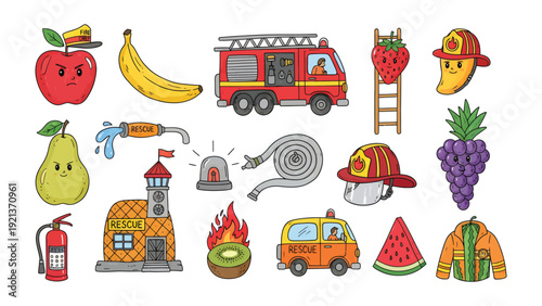 Friendly Firefighter Icons: A collection of charming cartoon illustrations, each depicting a delightful firefighter themed object, perfect for educational materials and children's content.