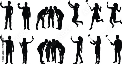 Diverse People Silhouette Taking Selfie with Smartphone and Selfie Stick Set of Group People Jumping and Posing for Social Media Photography Collection Concept