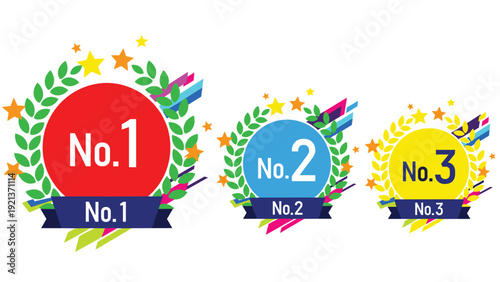 Set of vibrant ranking badges for first second and third place winners decorated with laurels stars and colorful streaks.