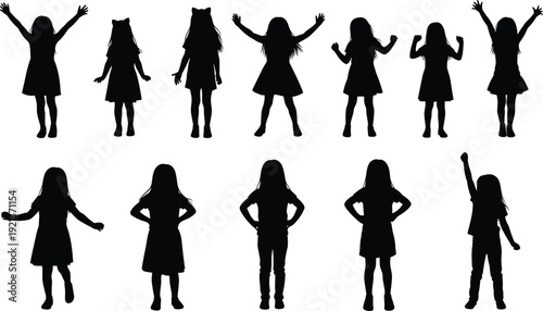 Children silhouette expressive poses girls dresses gestures playful flat vector
