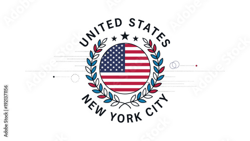 Official looking emblem for New York City United States featuring the American flag in a circular laurel wreath design.