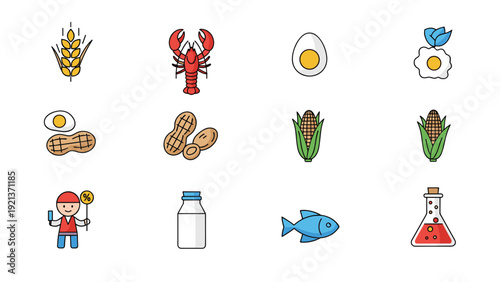 Diverse collection of colorful food icons including wheat lobster eggs peanuts corn fish and a scientist for nutrition testing.