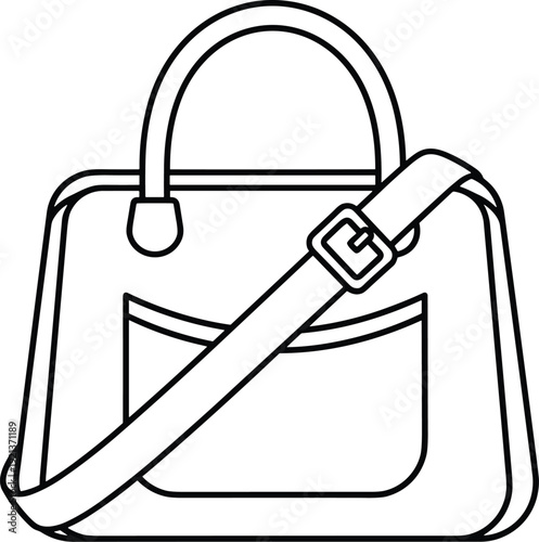 Handbag line drawing illustration, rounded top, handles, front pocket, shoulder strap, buckle detail, fashion accessory, flat vector artwork