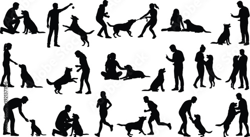 Dog training silhouettes set with people interacting playing walking teaching pets obedience commands isolated black vector illustration collection human canine activities design