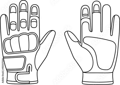 Protective sports gloves illustration, padded design, ergonomic grip, wrist strap, impact protection, tactical gear, fashion accessory, vector artwork