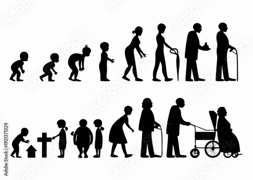 Human evolution stages depicted in a black and white illustration