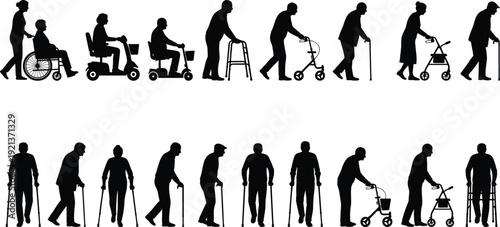 Elderly people silhouettes set showing mobility aids wheelchair walker cane scooter isolated on white background vector illustration senior care aging concept
