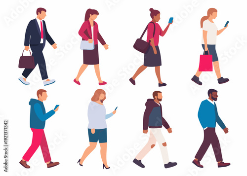 Diverse group of people walking using phones and carrying bags
