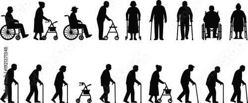 Elderly people silhouettes set showing wheelchair walker cane mobility assistance isolated on white background vector illustration senior care aging support concept