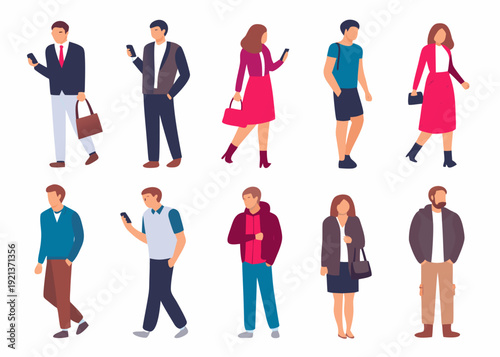 Diverse group of people using mobile phones and walking casually