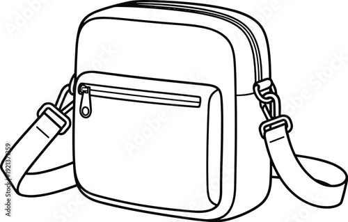 Shoulder bag illustration set, rectangular crossbody design with front zipper pocket, adjustable strap, and rounded edges, fashion accessory artwork, flat vector illustration