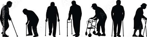 Elderly people silhouettes using walking canes and walkers showing aging mobility support healthcare concept isolated on white background vector illustration set design