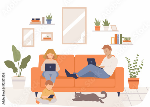Family relaxing at home with technology a modern living room scene