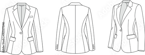 Women’s blazer technical illustration set, front, back, and angled views with lapels, button closure, pockets, seams, garment design artwork, flat vector illustration