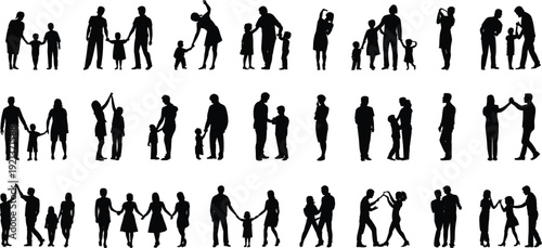 Family people silhouettes set showing parents children holding hands playing caring isolated on white background vector illustration love relationship togetherness concept