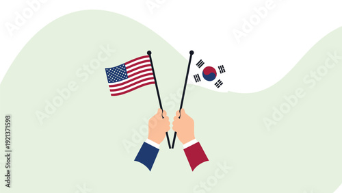 Two hands emerging from sleeves and holding the national flags of the United States and South Korea in a crossed position.