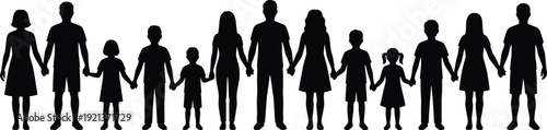 Family silhouettes holding hands showing parents children unity love diversity isolated on white background vector illustration community togetherness concept