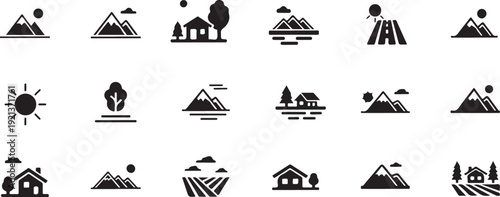Collection of black and white icons depicting various natural and man made structures