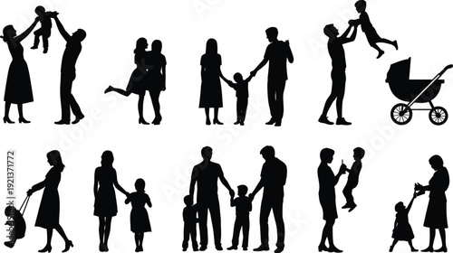 Family silhouettes parents children baby moments love care bonding lifestyle isolated white background collection parenting happiness togetherness concept illustration people relationship unity