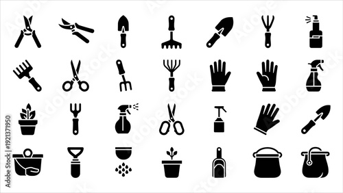 Collection of black gardening tools and accessories icons on a clean white background displayed from a straightforward viewpoint