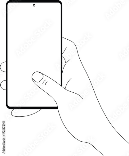 Illustration of hand holding smartphone with thumb touching screen isolated on transparent background for mobile app interface presentation mockup