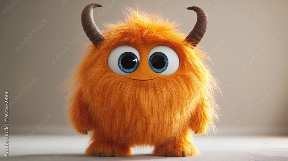 Fototapeta premium cheerful fluffy orange monster with big blue eyes and curved brown horns smiling on a neutral background