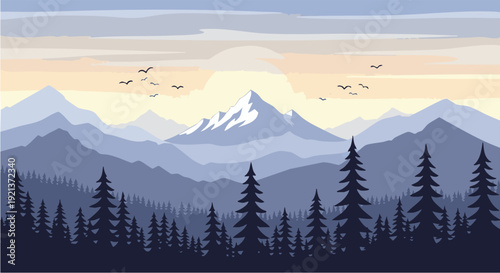 Mountain Landscape Silhouette with Pine Forest and Birds at Sunset Vector Illustration