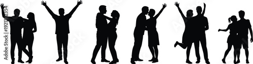 Happy couples silhouettes showing love hugging kissing celebrating together isolated black vector illustration set for romance relationship passion lifestyle concept design art