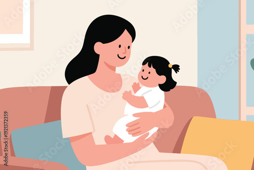 Woman with long black hair holding smiling baby on couch, cozy cartoon illustration of family bonding with cushions and framed artwork in warm home setting.