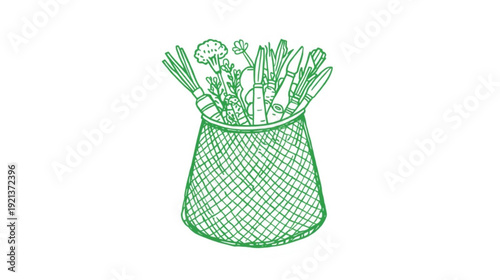 A green illustration of various vegetables and herbs in a wire basket