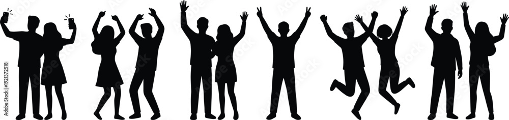 Fototapeta premium Happy people silhouettes celebrating success together group cheering jumping joy friendship party isolated white background teamwork lifestyle concept energy fun unity motivation