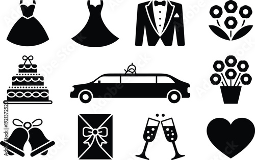 Wedding icon set with bride dress groom suit cake car flowers hearts isolated on white background