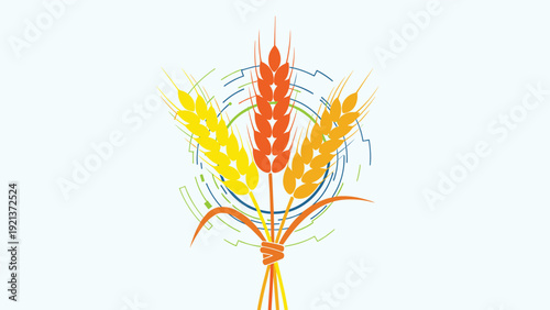 Stylized illustration of three golden and orange wheat stalks bundled together against a light blue background with concentric lines.