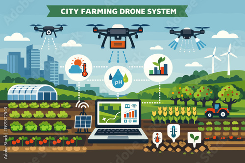City farming drone system infographic, urban agriculture monitoring and smart farming technology