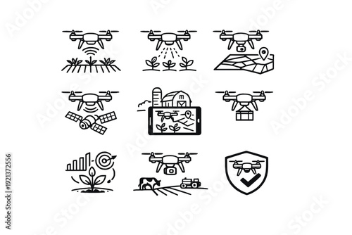 Agricultural drone farming line icon set, precision agriculture, crop monitoring, smart farming