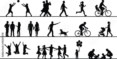 Human life stages silhouettes showing daily activities family leisure sports walking cycling parenting relationships isolated black figures timeline illustration on white background vector