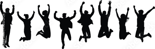 Jumping people silhouettes celebrating success joy freedom teamwork isolated on white background vector illustration happiness energy concept party victory excitement group lifestyle