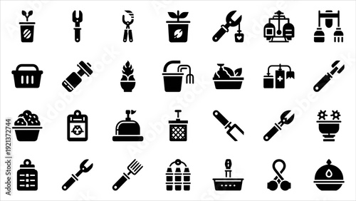 Collection of gardening tools and equipment icons displayed in a grid layout on a clean white background