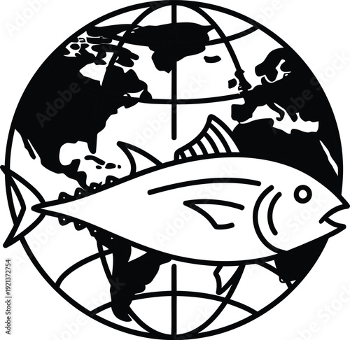 Tuna fish icon over a global map showing earth and marine life. World tuna day