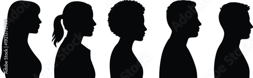 Male and female profile silhouettes set isolated on white background showing diverse people heads side view vector illustration concept minimal black design