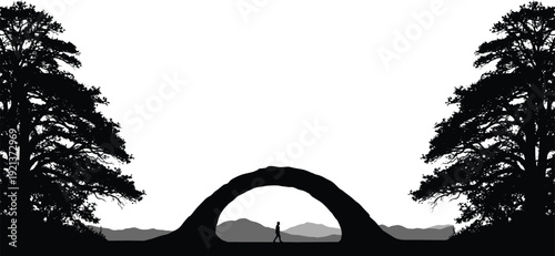 Minimalist nature landscape silhouette with lone walking person under rock arch, forest trees and mountains, travel adventure concept, peaceful outdoor scenery illustration
