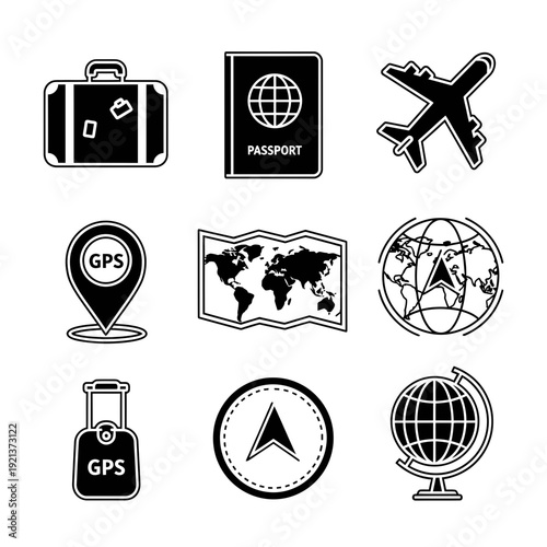 Travel Navigation and Transport Icon Set – Compass, Map, Air & Sea Vector Icons

