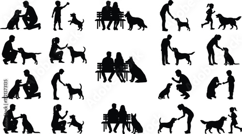 People and dog silhouettes set showing family moments training playing walking pets isolated on white background vector illustration collection companionship lifestyle concept