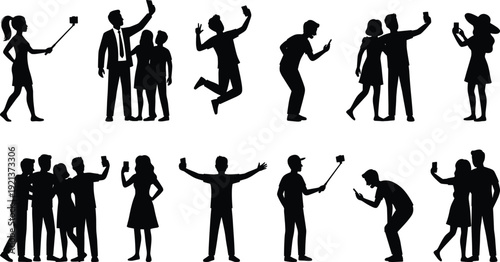 People taking selfies silhouettes with smartphone and selfie stick, social media lifestyle, modern communication, photography poses, group and individual moments illustration